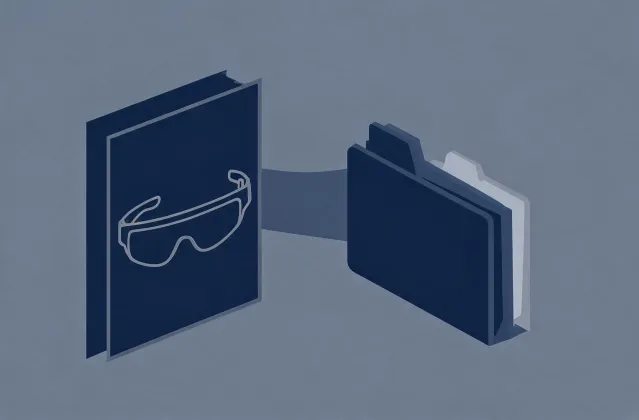 Illustration of a safety eyewear specification brief handing off to quotation folders